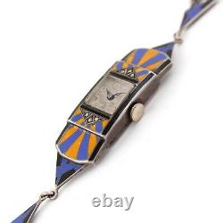 Vintage Art Déco Dames Sterling Silver & Blue, Yellowithorange Enamel Watch