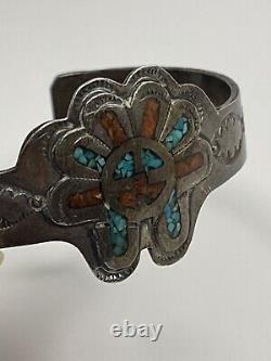 Vintage B Nez Navajo Sterling Argent Incrusté Coral Turquoise Cuff Bracelet