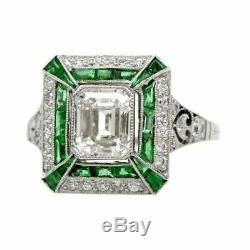 Vintage Bague De Fiançailles De Mariage 2ct Diamant Émeraude Saphir Or Blanc 14 Ct Plus