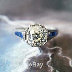 Vintage Bague De Fiançailles De Mariage En Or Blanc 14k Plus 2ct Ronde Diamond & Sapphire
