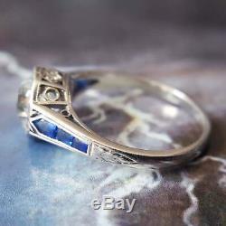 Vintage Bague De Fiançailles De Mariage En Or Blanc 14k Plus 2ct Ronde Diamond & Sapphire