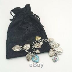 Vintage Charm Bracelet Coeur Soufflé 925 En Argent Sterling Avec Quelques Charms Émail