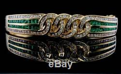 Vintage Diamond & Bracelet Vert Émeraude En Or Jaune 14k Plus De 7,5 Bangle