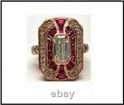 Vintage Emeraude Cut 2.55 Ct White Diamond Ruby Antique Fiançailles Anneau De Mariage