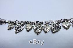 Vintage En Argent Sterling Puffy Heart Charm Bracelet Loaded Repousse 11 Coeurs