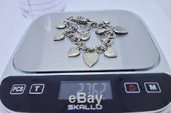 Vintage En Argent Sterling Puffy Heart Charm Bracelet Loaded Repousse 11 Coeurs