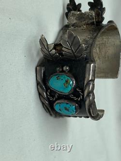 Vintage Homme Bleu Turquoise Sterling Argent Cuff Watch Bracelet
