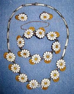 Vintage Margot De Taxco Enamel Sterling Daisy Necklace Bracelet Earrings Parure