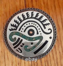 Vintage Mexique Argent Sterling Corbeau Tribal Turquoise Rond Pendentif Pin Signé