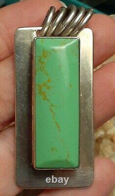 Vintage Mexique Argent Sterling Vert Turquoise 2.25 Pouce Pendentif