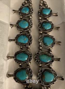 Vintage Native American Navajo Squash Blossom Sterling Silver Turquoise Collier