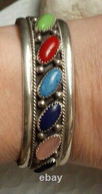 Vintage Native American Sterling Argent Multi Gemme Bracelet Signé Js