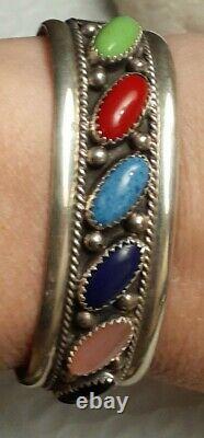 Vintage Native American Sterling Argent Multi Gemme Bracelet Signé Js