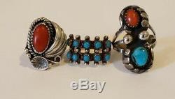 Vintage Native American Sterling Argent Turquoise Et Corail Bague Lot