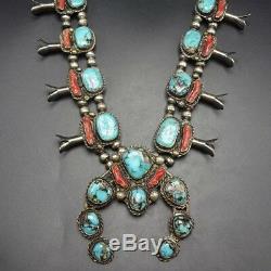 Vintage Navajo Argent Sterling Branch Coral & Turquoise Squash Blossom Necklace
