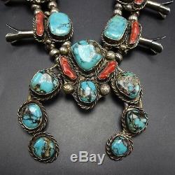 Vintage Navajo Argent Sterling Branch Coral & Turquoise Squash Blossom Necklace