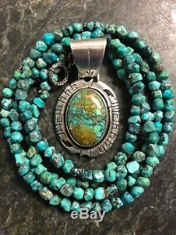 Vintage Navajo Florence Tahe En Argent Sterling Turquoise Pendentif Collier 925