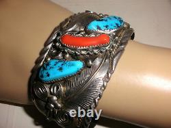 Vintage Navajo Grand Argent Sterling Turquoise Corail Bracelet Homme M Thomas Jr