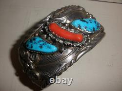 Vintage Navajo Grand Argent Sterling Turquoise Corail Bracelet Homme M Thomas Jr