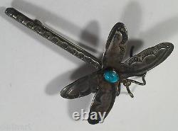 Vintage Navajo Indien Turquoise Sterling Silver Dragonfly Stampwork Pin Brooch