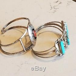 Vintage Navajo Lso Argent 925 Turquoise Corail Boutons De Manchette Sw Bracelets Lot