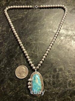 Vintage Navajo Roy Buck Sterling Silver Turquoise Pendentif 6mm Collier De Perles 925