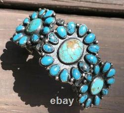 Vintage Navajo Sterling Argent Turquoise Triple Cluster Stamped Cuff Bracelet