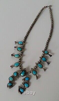 Vintage Navajo Turquoise Squash Blossom Sterling Silver Collier 19