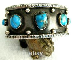 Vintage Old Pawn Blue Kingman Turquoise Navajo Sterling Silver 925 Bracelet Manchette
