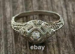 Vintage Retro Engagement Filigree Art Déco Ring 1 Ct Diamond 14k Or Blanc Plus