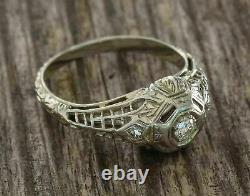 Vintage Retro Engagement Filigree Art Déco Ring 1 Ct Diamond 14k Or Blanc Plus