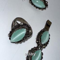 Vintage Sterling Argent Aqua Chalcedony Set Boucles D'oreilles Bracelet Antique Mexic