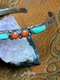 Vintage Sterling Argent Cuff Braceletturquoise Coral Stones Native American