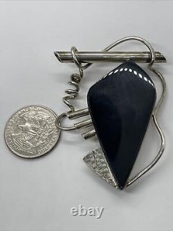 Vintage Sterling Silver Brooch Pin 925 Moderniste Grand Noir