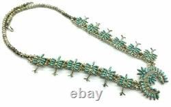 Vintage Zuni Sterling Silver Needle Point Turquoise Squash Blossom Collier