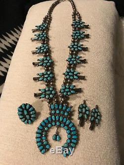Vintage Zuni Turquoise Et Argent Sterling Squash Collier Fleur