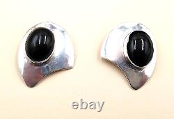 Vintagetaxco Mexique Tr-55 Argent Sterling 925 Boucles D'oreilles Clip Black Onyx Cabochon