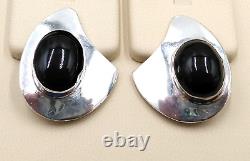 Vintagetaxco Mexique Tr-55 Argent Sterling 925 Boucles D'oreilles Clip Black Onyx Cabochon