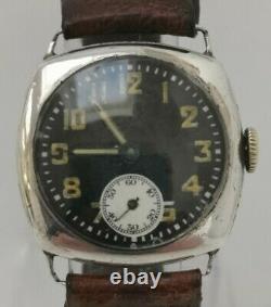 Vtg 1929 Glasgow Solid Sterling Silver Officers Trench Style Black Faced Watch