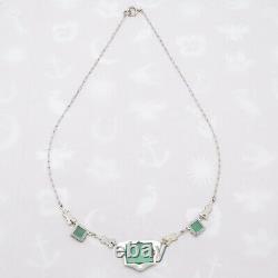 Vtg 1930s Art Déco Argent Sterling Naturel Chrysoprase Collier Marcasite