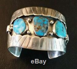 Vtg Amérindien En Argent Sterling Bracelet Turquoise Navajo Old Pawn 86g