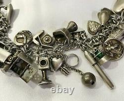 Vtg Antique Sterling Argent 925 Bracelet 44 Charms Puffy Heart Padlock Lampl 59g