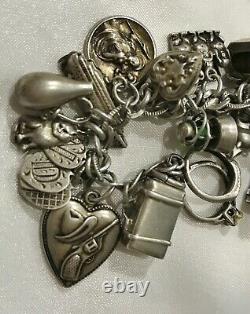 Vtg Antique Sterling Argent 925 Bracelet 44 Charms Puffy Heart Padlock Lampl 59g