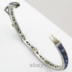 Vtg Art Déco Sterling Silver Channel Ensemble Blue Glass Paste Buckle Bangle Bracelet