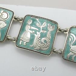 Vtg David Andersen Norvège Aqua Green Enamel Fairytale Sterling Silver Bracelet