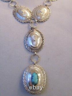 Vtg Lrg Stamped Argent Sterling Turquoise Concho Ceinture Collier Sud-ouest 110g