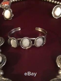 Vtg Ss Mère Navajo Pearl Squash Blossom Collier + 2 Anneaux + Bracelet +++++